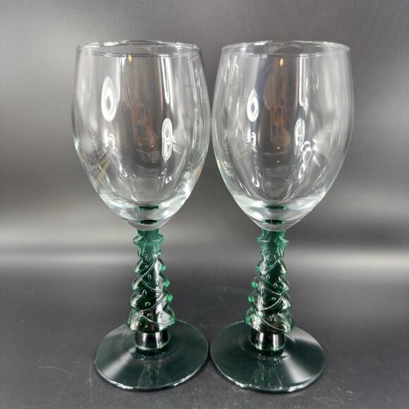 Libbey Green Christmas Tree Stem Water Goblet Wine Glass Crystal Cup Set Of 2 - Picture 12 of 15